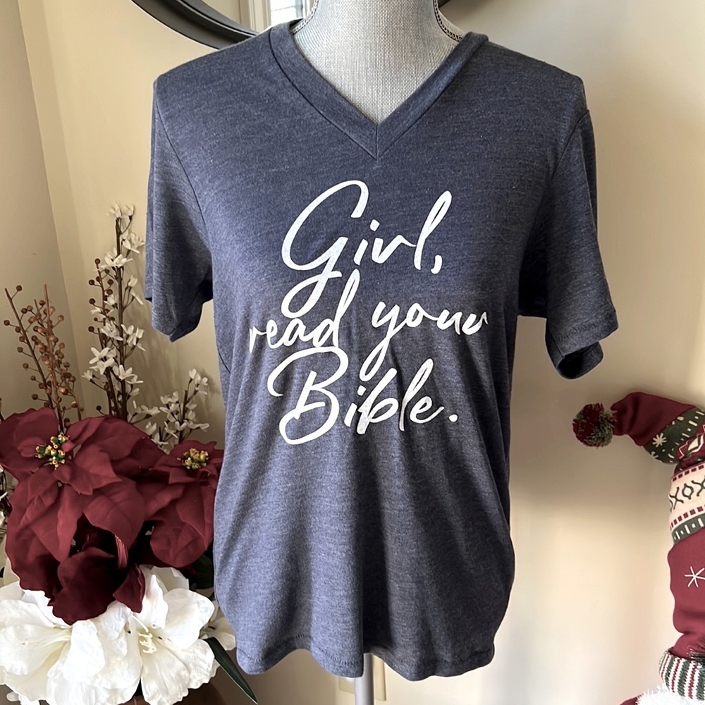 NWT The Light Blonde “Girl Read Your Bible” Navy Tee.  Size Small